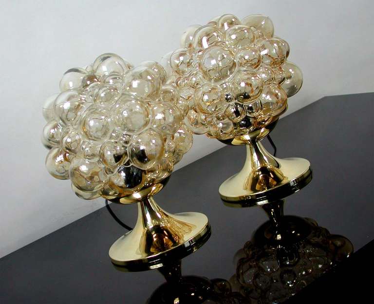 Brass Pair 1960s Helena Tynell for Limburg Amber Glass Bubble Table Lamps