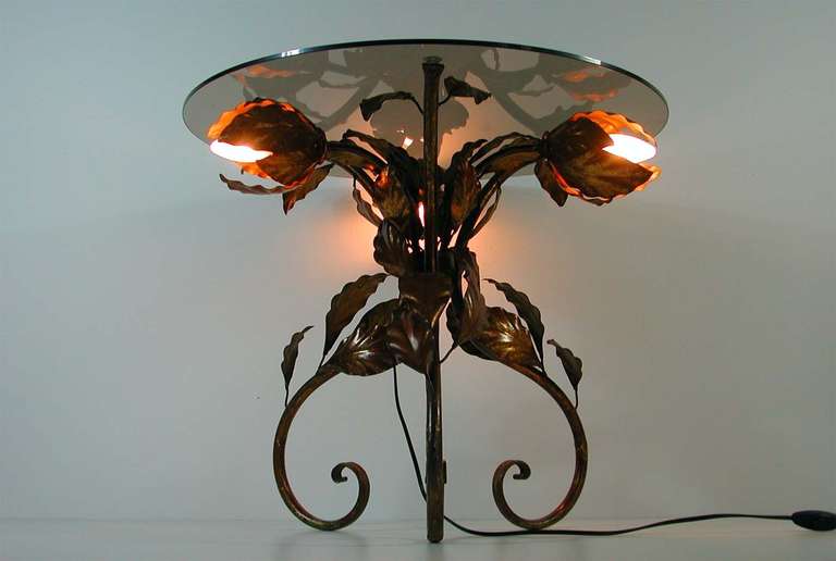 Italian 1950s Bronzed Metal and Tinted Glass Illuminated Coffee Table Side Table For Sale 1