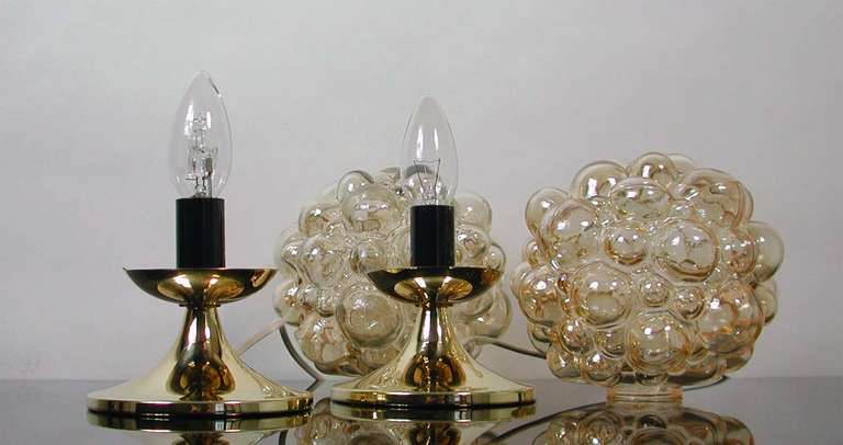 Mid-Century Modern Pair 1960s Helena Tynell for Limburg Amber Glass Bubble Table Lamps