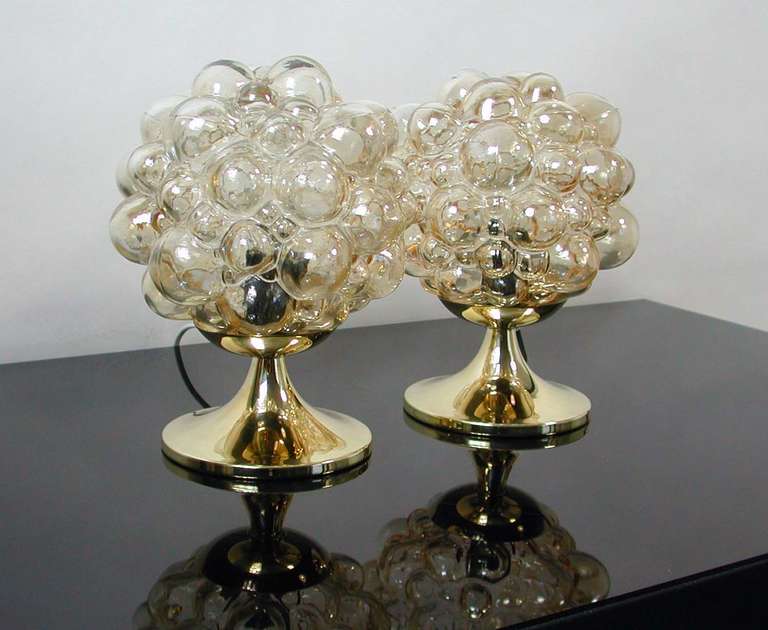 German Pair 1960s Helena Tynell for Limburg Amber Glass Bubble Table Lamps