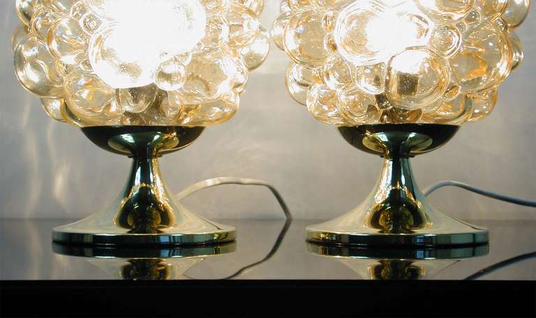 Mid-20th Century Pair 1960s Helena Tynell for Limburg Amber Glass Bubble Table Lamps