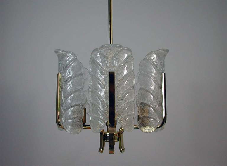 1960s Italian Brass and Textured Glass Barovier Toso Chandelier Lamp 5