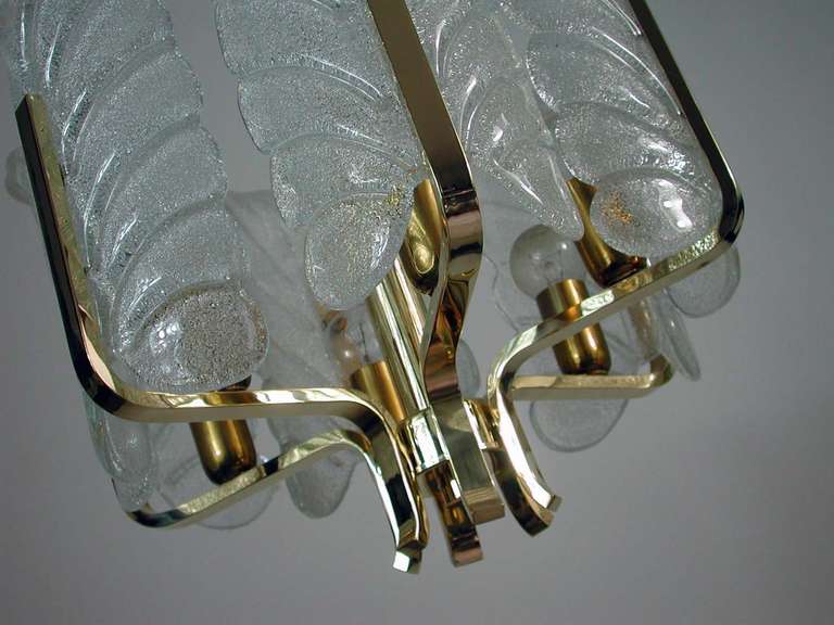 Mid-Century Modern 1960s Italian Brass and Textured Glass Barovier Toso Chandelier Lamp