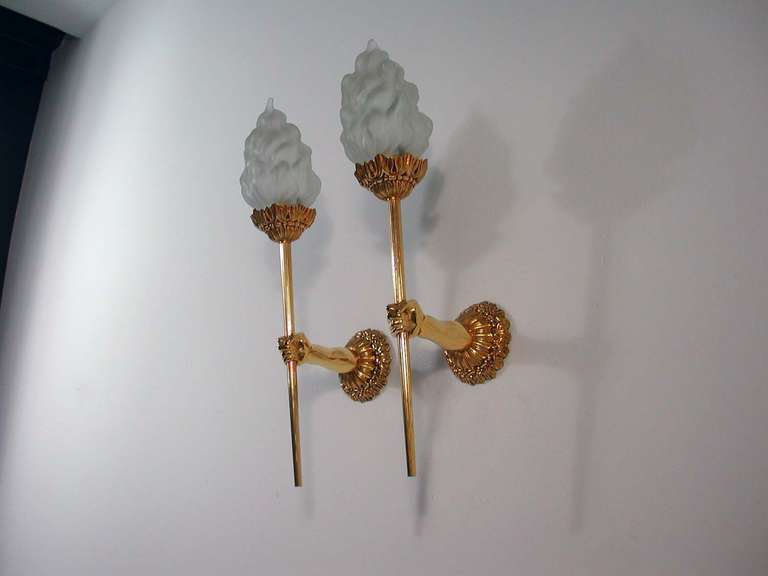 Mid-Century Modern Mid-Century 1950s French Brass Torchiere Wall Sconces