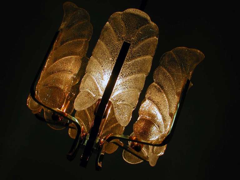 1960s Italian Brass and Textured Glass Barovier Toso Chandelier Lamp 3