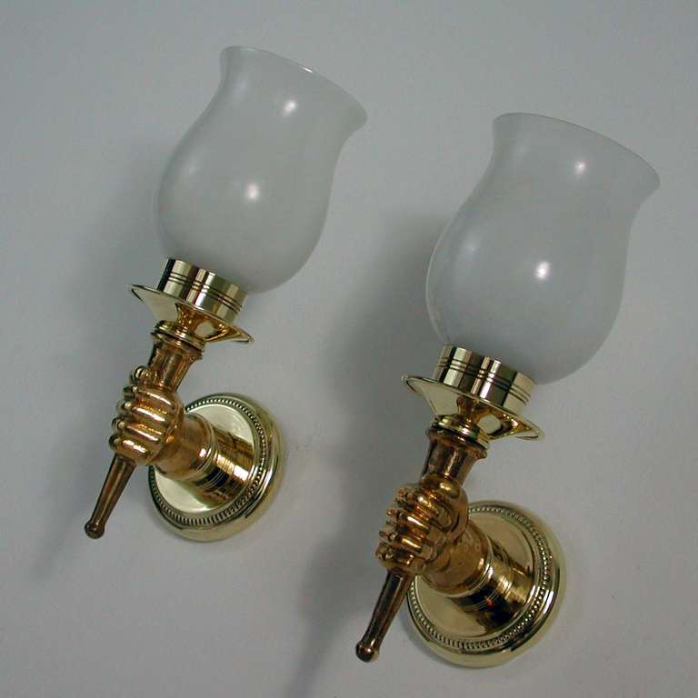Pair of French Mid-Century Torchiere Brass and Bronze Wall Lamps, 1950s 5
