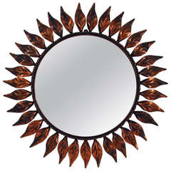 French Mid Century 1950s Copper Sunburst Starburst Wall Mirror