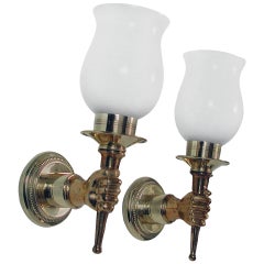 Pair of French Mid-Century Torchiere Brass and Bronze Wall Lamps, 1950s