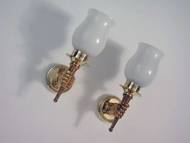 Mid-20th Century Pair of French Mid-Century Torchiere Brass and Bronze Wall Lamps, 1950s