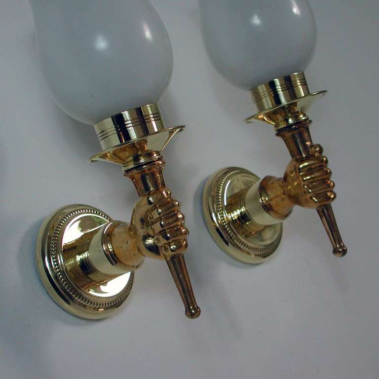 Pair of French Mid-Century Torchiere Brass and Bronze Wall Lamps, 1950s 1