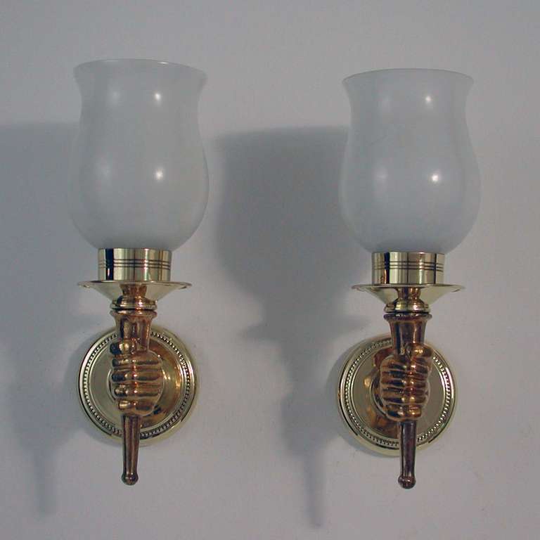 Pair of French Mid-Century Torchiere Brass and Bronze Wall Lamps, 1950s 2