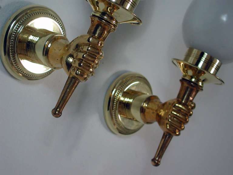 Pair of French Mid-Century Torchiere Brass and Bronze Wall Lamps, 1950s 3