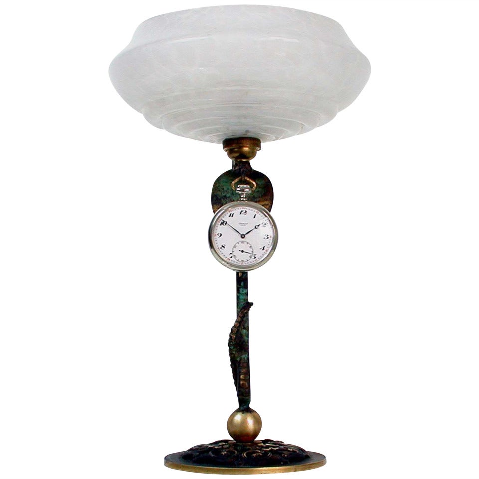 Art Deco 1930s French Bronze Serpent Pocket Watch Stand Lamp Combo
