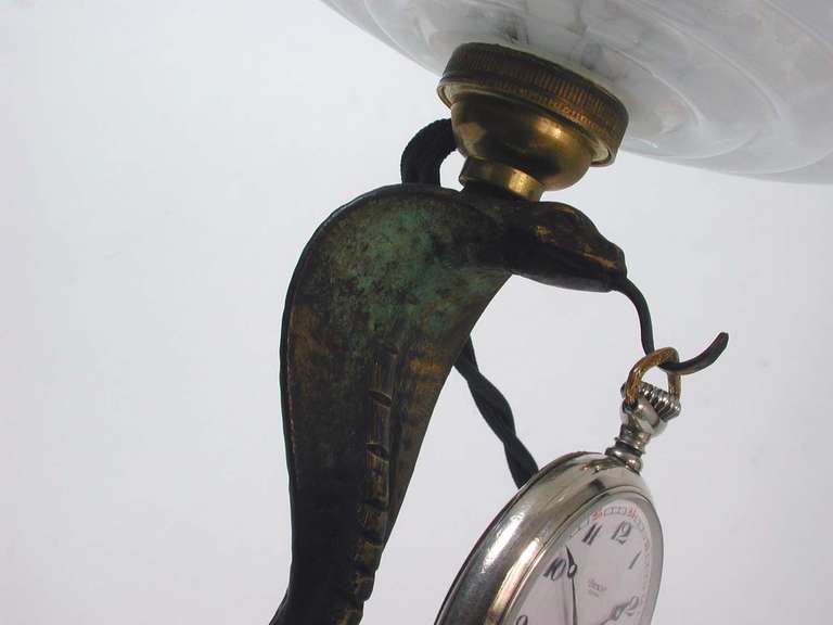 Mid-20th Century Art Deco 1930s French Bronze Serpent Pocket Watch Stand Lamp Combo