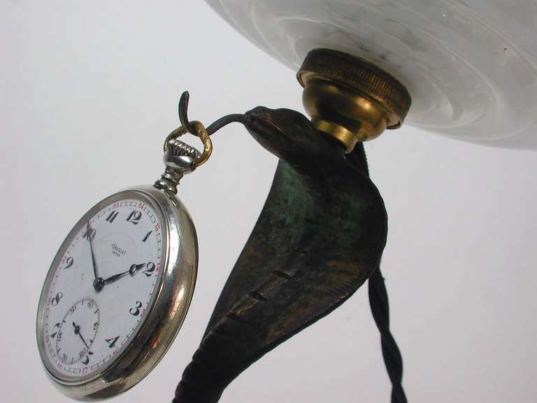 Art Deco 1930s French Bronze Serpent Pocket Watch Stand Lamp Combo 1