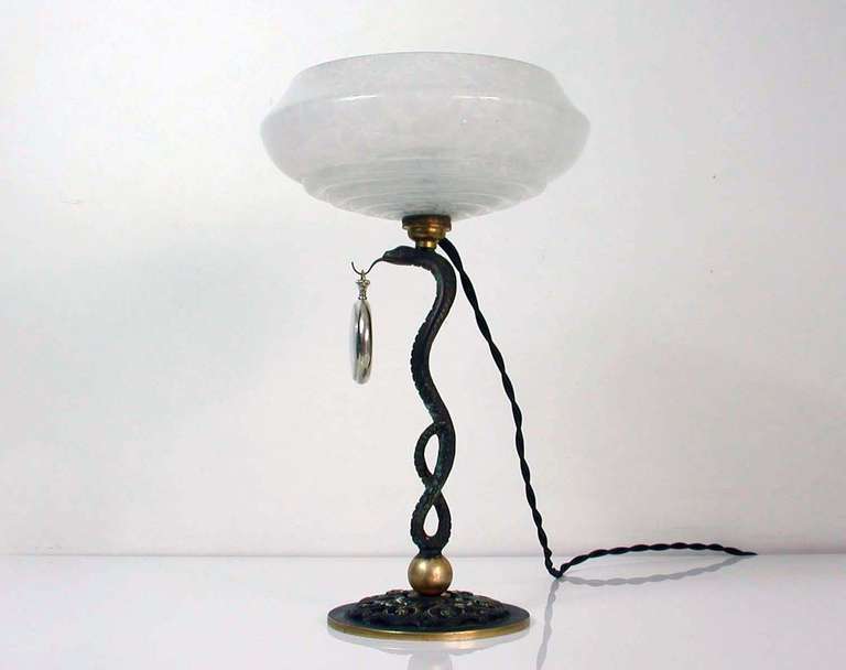 Art Deco 1930s French Bronze Serpent Pocket Watch Stand Lamp Combo 5