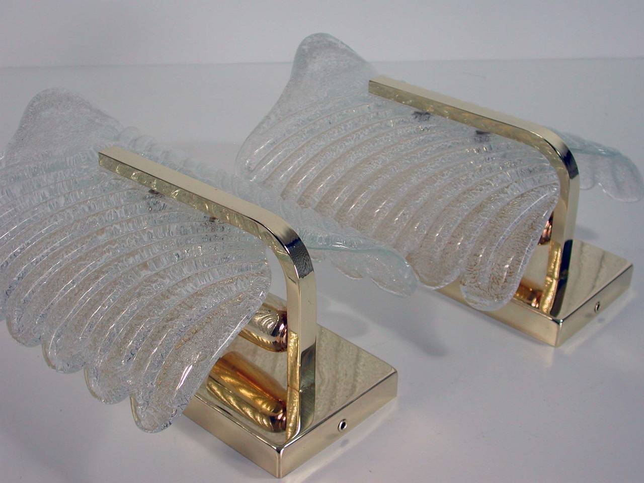 Mid-20th Century Pair Mid-Century Murano Textured Ice Glass and Brass Sconces, 1960s