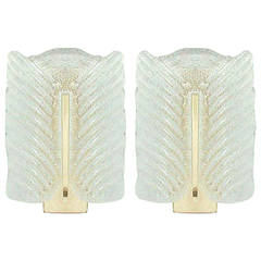 Pair Mid-Century Murano Textured Ice Glass and Brass Sconces, 1960s 3