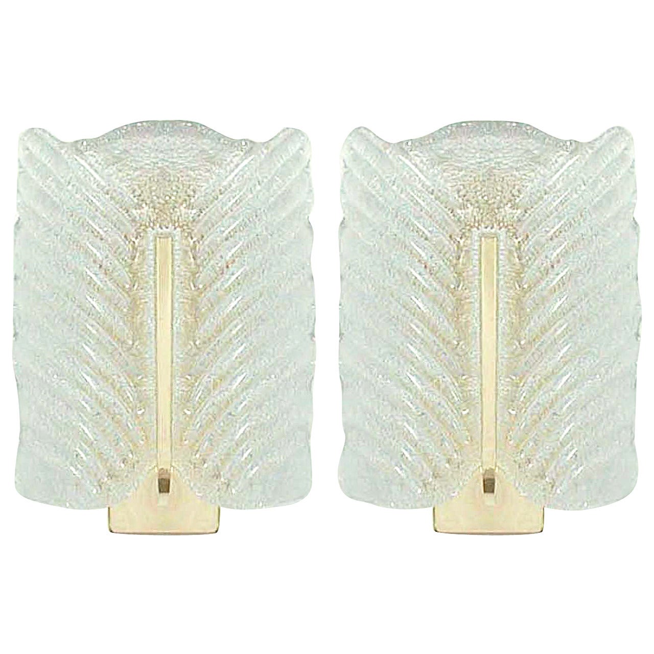 Pair Mid-Century Murano Textured Ice Glass and Brass Sconces, 1960s