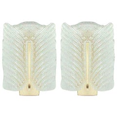 Pair Mid-Century Murano Textured Ice Glass and Brass Sconces, 1960s