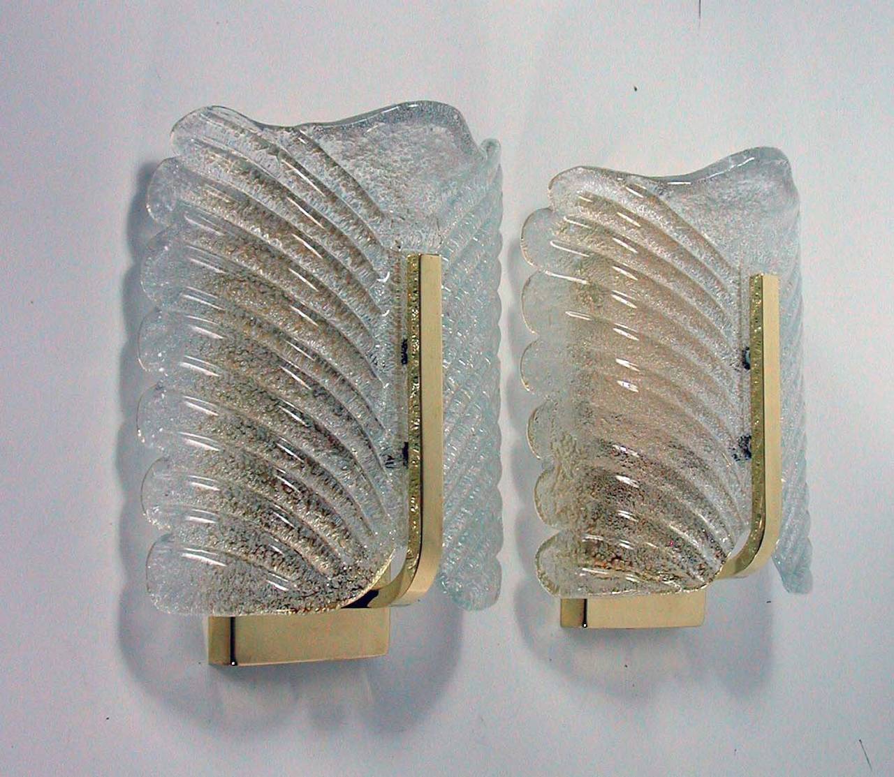 Mid-Century Modern Pair Mid-Century Murano Textured Ice Glass and Brass Sconces, 1960s