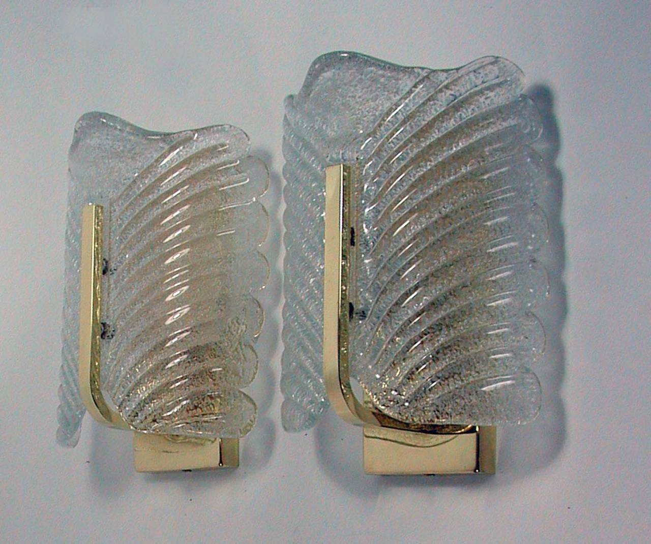 Italian Pair Mid-Century Murano Textured Ice Glass and Brass Sconces, 1960s