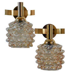 Mid-Century 1960s French Amber Bubble Glass Wall Lamps Sconces 2