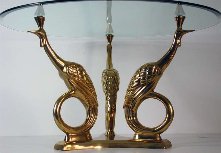 Awesome 1960s French Mid Century modern figural bronze peacock coffee or occasional table with facetted clear glass table top.
Hollywood Regency style.