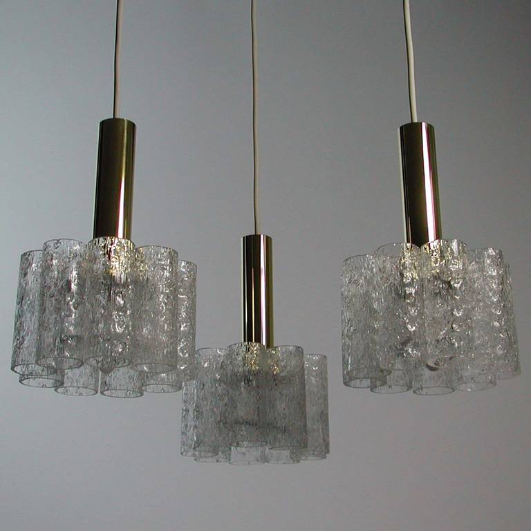 German Doria Cascading Textured Glass and Brass Chandelier For Sale 5