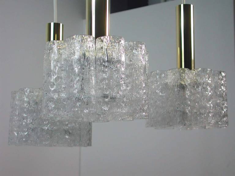 Mid-Century Modern German Doria Cascading Textured Glass and Brass Chandelier For Sale