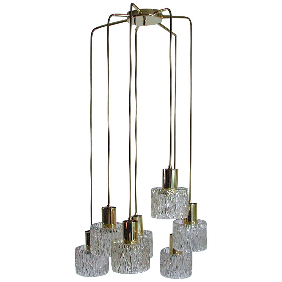 Austrian Cascading Textured Glass and Brass Chandelier