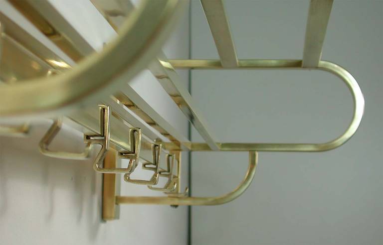 Beautiful large German Art Deco brass coat or hat rack with six hooks, made in the 1930s.