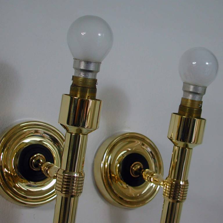 Pair 1950s French Brass and Teak Torchiere Wall Lamps Sconces by Maison ARLUS 1