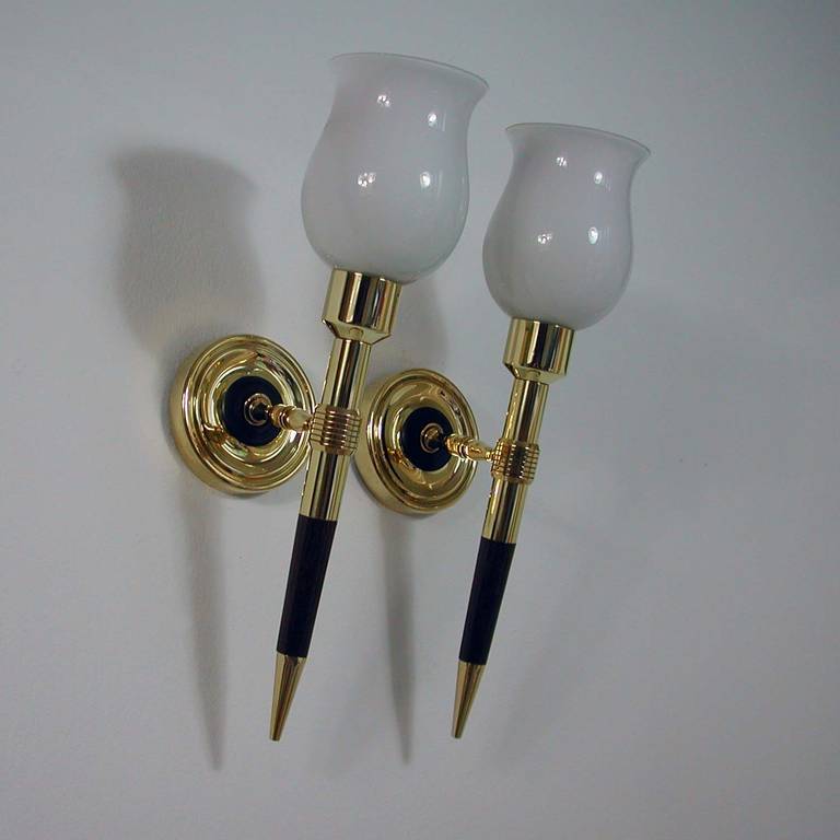 Pair 1950s French Brass and Teak Torchiere Wall Lamps Sconces by Maison ARLUS 2