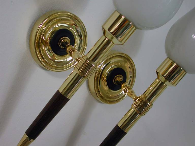 Pair 1950s French Brass and Teak Torchiere Wall Lamps Sconces by Maison ARLUS 3