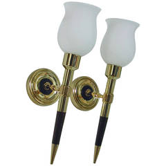 Pair of 1950s French Brass and Teak Torchiere Wall Lamps Sconces 3