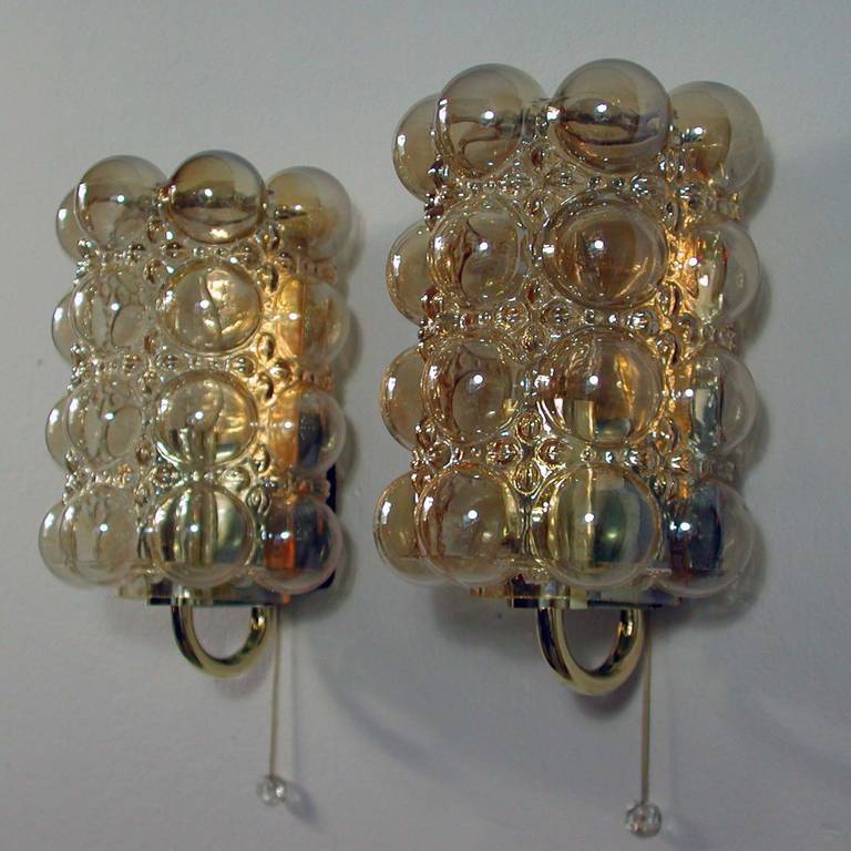 Brass Pair of Bubble Amber Wall Lamps Sconces by Helena Tynell for Limburg, 1960s