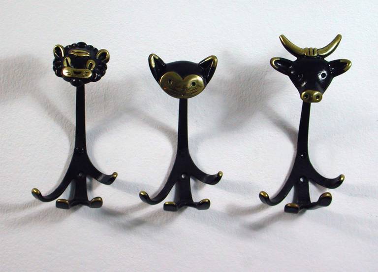 Midcentury Walter Bosse Vienna Set of Three Bronze Coat Hooks, 1950s 2