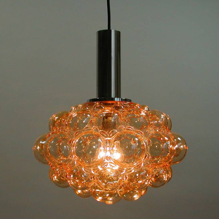 Mid-Century Modern Midcentury Bubble Amber and Chrome Glass Pendant Helena Tynell for Limburg 1960s