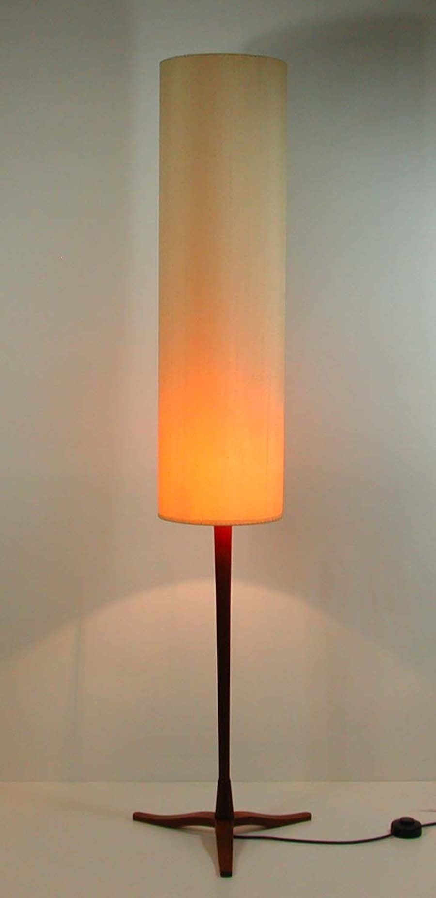 MidCentury Danish Modern Teak and Silk Tripod Floor Lamp For Sale at