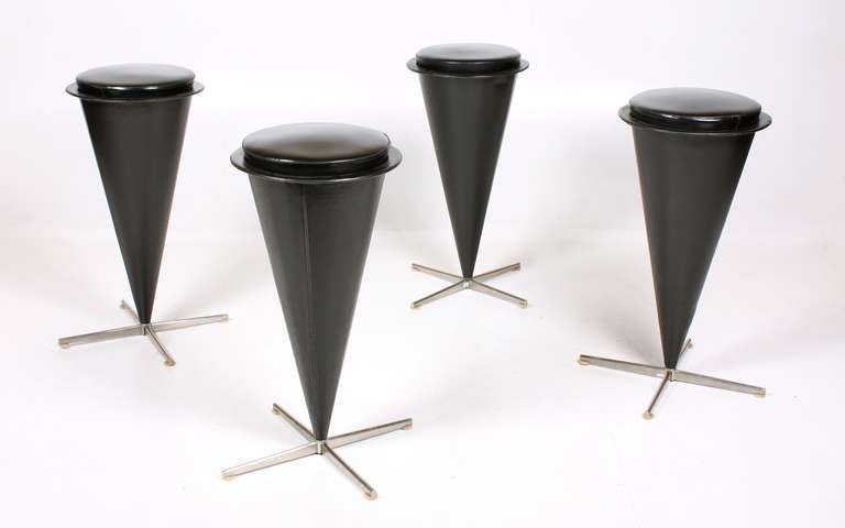 The Cone bar stool - Vinyl and metal - Designed by Maa. Verner Panton and made by Plus Linje Copenhagen Denmark. Set of 4.