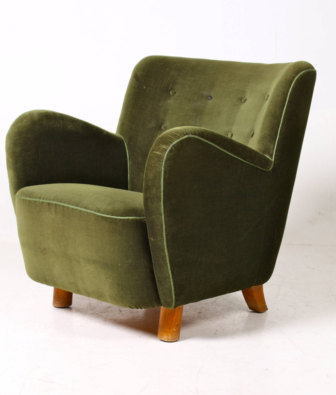 Pair of great looking upholstered easy chairs made in Denmark in the 1940s legs in elm covered in French velour. Good condition.