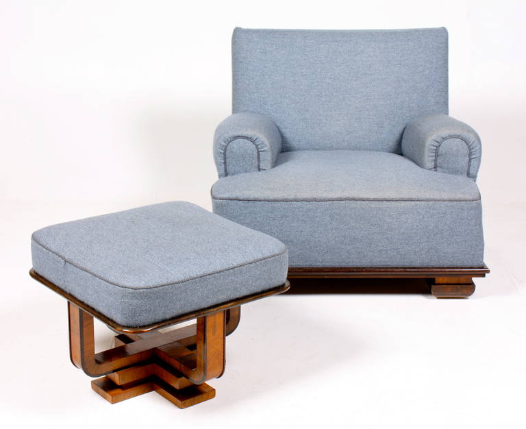 Art Deco easy chair & ottoman in fabric on a rosewood base. Custom made for a Danish villa in 1933. Good original condition.