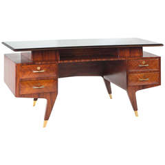 Italian Rosewood and Brass Desk with Green Glass, 1950's