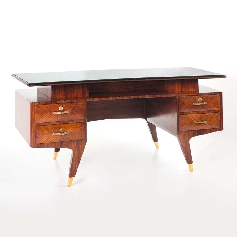 Italian Rosewood and Brass Desk with Green Glass, 1950's