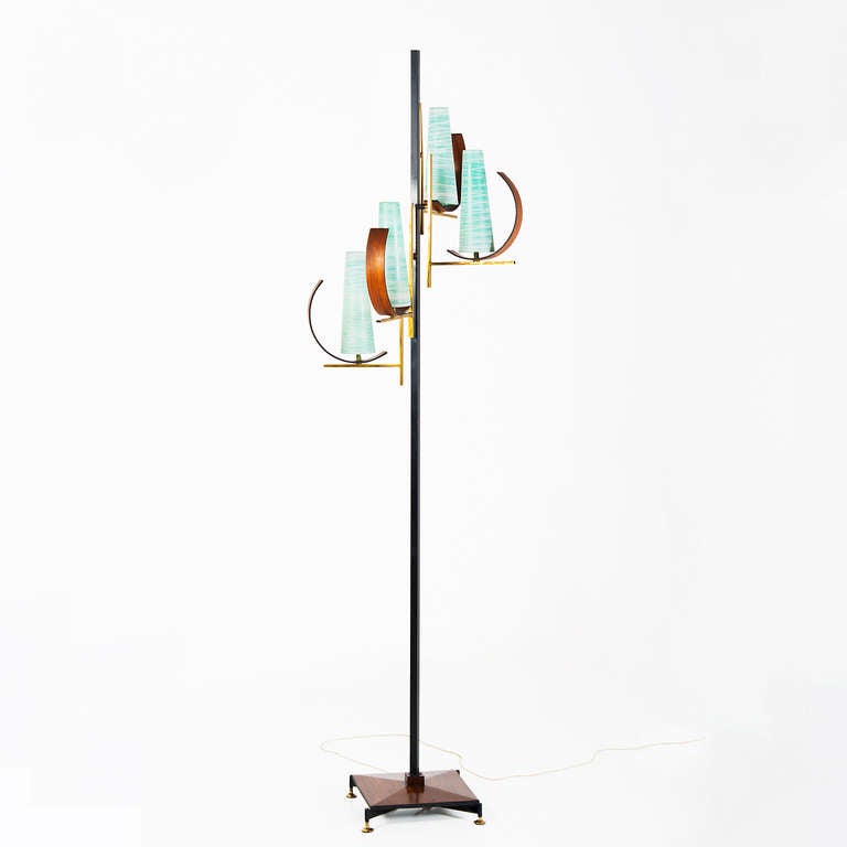 Italian 1950 Floor Lamp in Glass, Wood and Brass