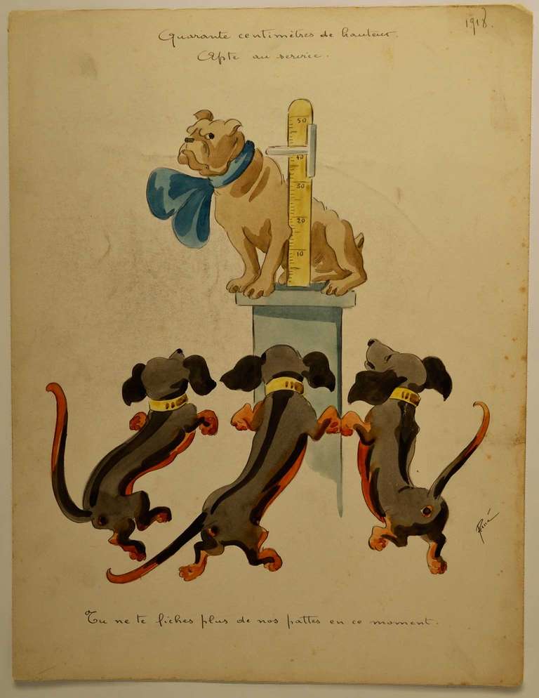 Un dessin unique à l'aquarelle illustrant un fier bouledogue anglais Apt pour le service militaire et un trio de chiens teckels se moquant de lui. Une étonnante satire de la Première Guerre mondiale signée René et datée de 1918, probablement un