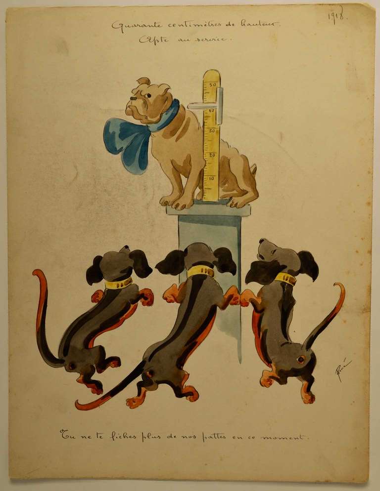 A unique water color drawing Illustrating a proud English bulldog Apt for military service and a trio of Dachshund dogs mocking him. An amazing piece of World war one satire signed René and dated 1918, probably a french comics artist illustrator of