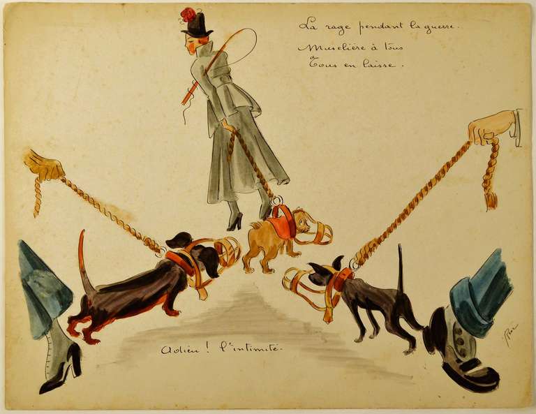 A unique water color drawing picturing a a group of muzzled dogs on leash during a walk with their owners. An amazing piece of World war one satire signed René and dated 1918, probably a french comics artist illustrator of the period.
The text in