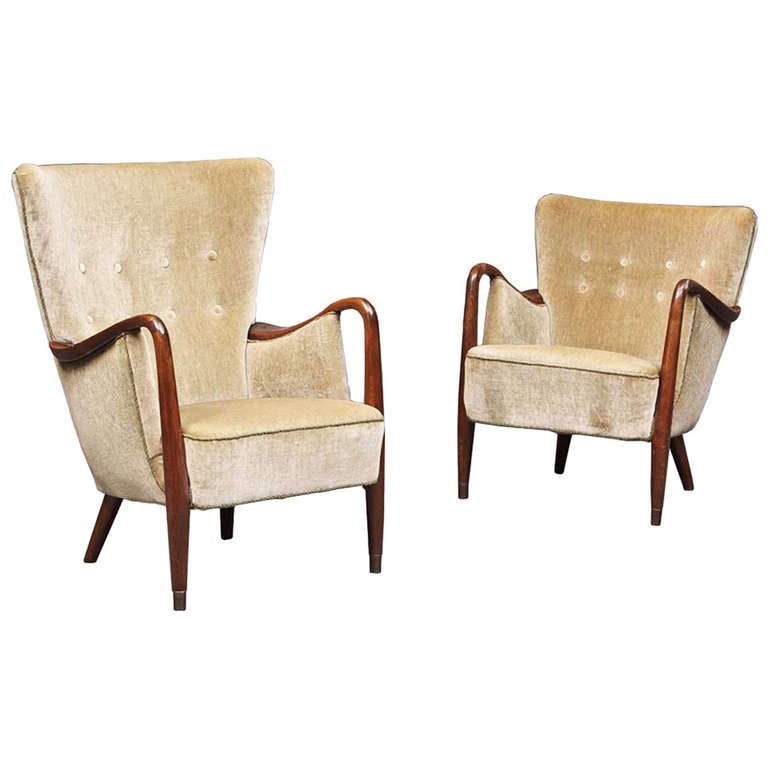 Exceptional Pair of Scandinavian Modern High and Low Wingback Chairs